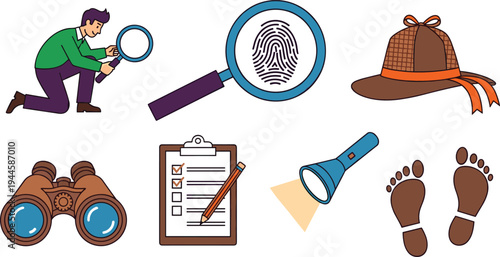 Detective and Investigation Tools Collection Featuring Magnifying Glass, Footprints, Binoculars, and Checklists
