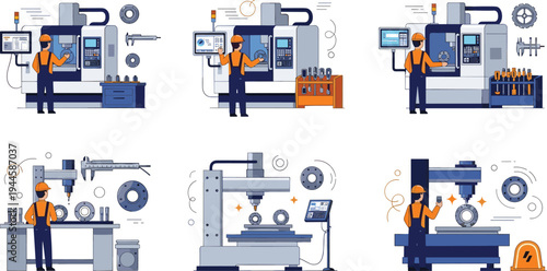 Vector Set of Industrial CNC Machine Operators Working with Metal Milling and Lathe Machines in Factory Environment Isolated on White