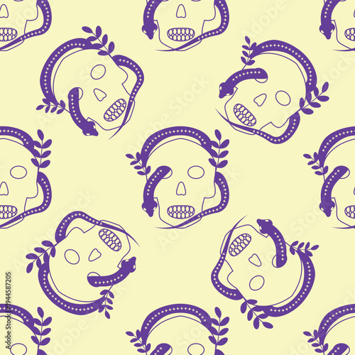 Silhouettes Magic symbols seamless pattern, with magical elements such as snake, eye, tarot cards, hand, skull, potion, moon, butterfly, mushrooms, stars. Witchcraft theme symbols and elements.