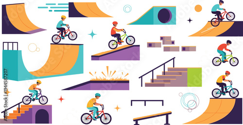 Vector Illustration Set of BMX Riders Performing Stunts and Jumps on Ramps and Half-Pipes at a Skate Park Isolated on White