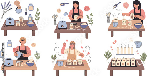 Vector Illustration Set of Artisans Making Handmade Scented Candles Including Melting Wax Pouring Into Jars and Decorating with Flowers
