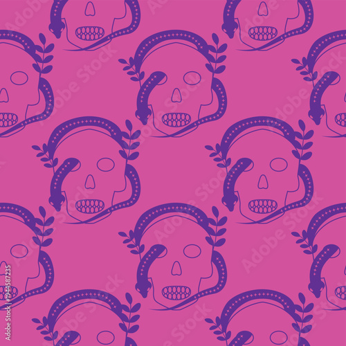 Silhouettes Magic symbols seamless pattern, with magical elements such as snake, eye, tarot cards, hand, skull, potion, moon, butterfly, mushrooms, stars. Witchcraft theme symbols and elements.