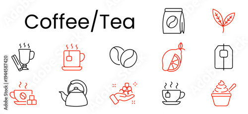 Coffee Tea set icon. Outline pictograms, coffee bag, leaf, hot cup, teacup, beans, citrus slice, tea bag, cup saucer, kettle, sugar cubes, whipped drink.