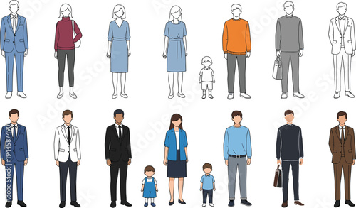 Diverse people and characters standing, business professionals and casual family members, flat vector illustration collection isolated on white background