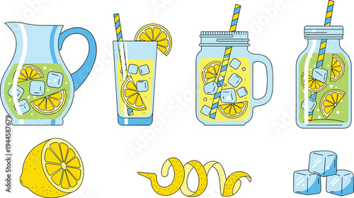 Lemonade and Refreshing Drinks Collection Featuring Lemon, Ice, Lemon Slices, and Straws in Glasses and Jars