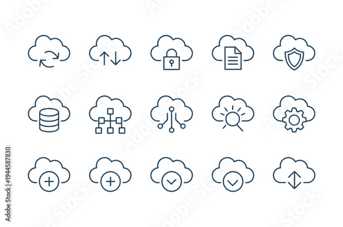 Modern cloud computing line icons collection, representing data management, security, and network solutions.