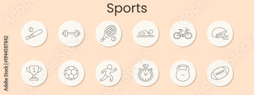 Sports set icon. Baseball bat, dumbbell, tennis racket, swimming, bicycle, helmet, trophy, soccer ball, player action, stopwatch, kettlebell, rugby ball, competition training, athletic equipment