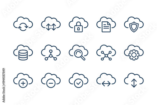 Digital cloud computing services line icons, illustrating data storage, security, and network infrastructure.