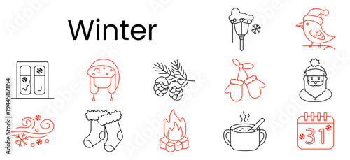 Winter set icon. Snow window, hat, pinecone, icy lamp, bird, mittens, santa, wind, socks, bonfire, cocoa, calendar, cold season, holiday, cozy, snowfall