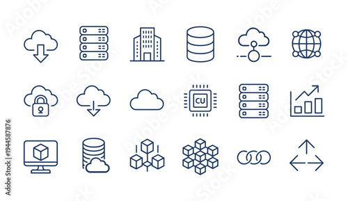 Comprehensive set of cloud computing, data storage, server, and blockchain technology line icons for modern digital infrastructure.
