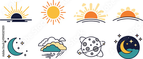 Vector Set of Sun, Moon, Clouds, and Cosmic Elements, Featuring Various Styles of Sunrise, Sunset, Crescent Moon, and Space Icons