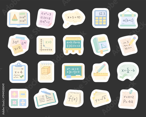 Algebra education set in scandinavian style with textbook worksheet calculator blackboard notebook ruler cube function graph equation formula practice problems learning