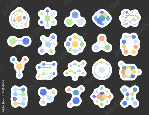 Educational atom and molecule set in scandinavian style featuring nucleus orbitals bonds lattice rings clusters physics chemistry school science for your illustration
