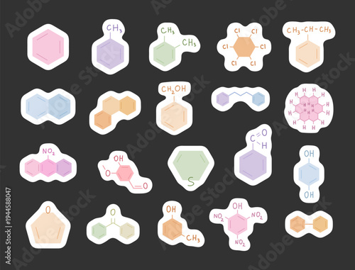 Organic chemistry set in scandinavian style featuring benzene derivatives heterocycles polycyclic hydrocarbons aldehydes ketones phenols acids nitrated molecules structural formulas
