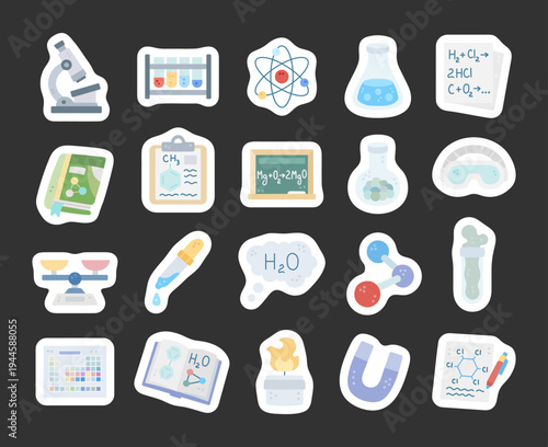 Chemical science set in scandinavian style laboratory equipment and education featuring microscope glassware atom molecule formulas textbook burner magnet periodic table
