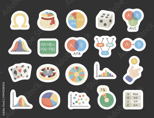 Probability theory set in scandinavian style featuring sample space dice cards roulette wheel distributions histograms scatter plots venn diagrams formulas