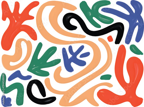 Abstract organic shapes in bright, contrasting colors create a Matisse-inspired pattern background for graphic design.