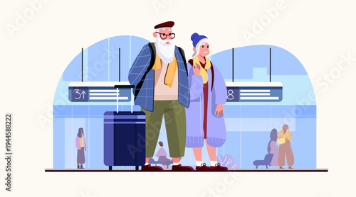Senior couple airport travel adventure elderly tourists standing together with suitcase terminal background modern people waiting flat design