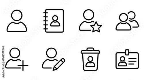 A set of line icons depicting user profiles, social interactions, and data management on a clean white background, ideal for web design and digital applications.