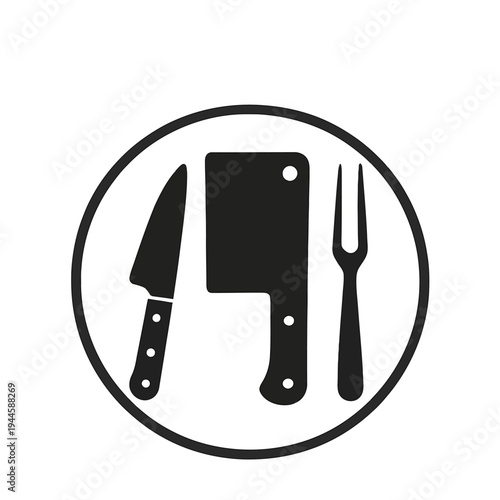 A simple black logo featuring kitchen utensils and appliances