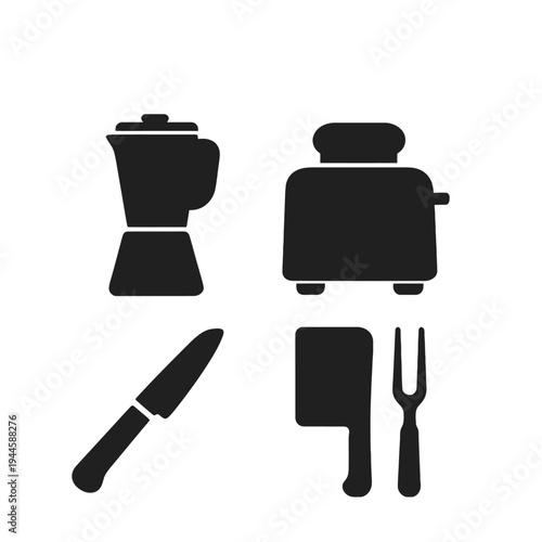A set of kitchen utensil icons on a black background