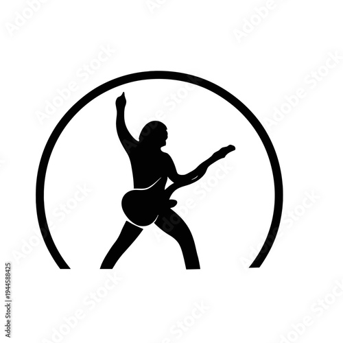 A black and white illustration of a musician playing guitar on stage