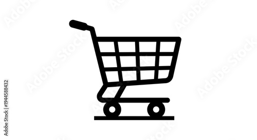 A simple black shopping cart icon on a white background