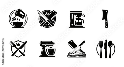 A collection of kitchen icons and utensils for cooking and dining