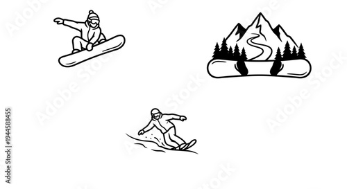 A collection of black and white snowboarding logos and icons on a white background