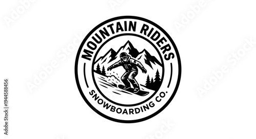 A black and white logo for a snowboarding company with mountains