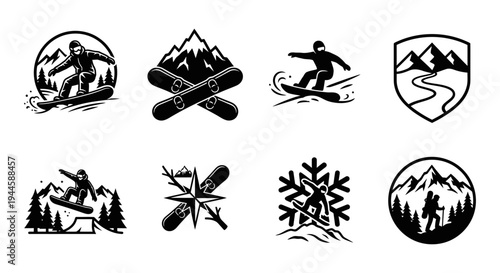 A collection of winter sports icons and equipment for snowboarding and skiing