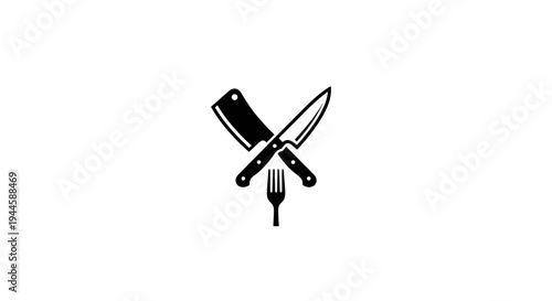 A simple black logo featuring kitchen utensils and appliances