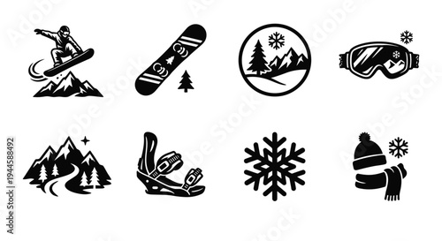 A collection of winter sports icons and equipment for snowboarding and skiing