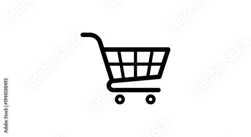 A simple black shopping cart icon on a white background