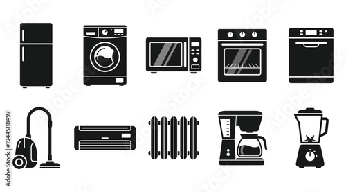 A collection of black and white icons featuring various household appliances and tools, including kitchen and cleaning essentials, on a plain white background.
