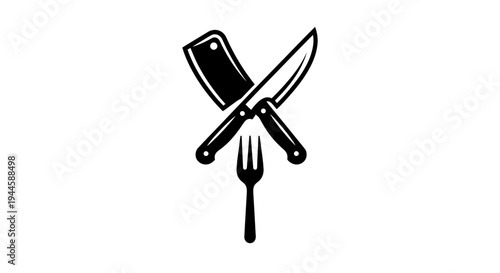 A simple black logo featuring kitchen utensils and appliances