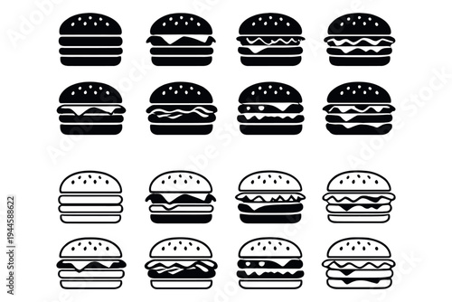 Simple hamburger icon set featuring both outline and solid black versions for digital design
