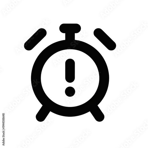 Minimalist alarm clock icon with exclamation mark, morning deadline alert and time management vector symbol design