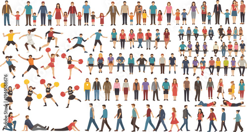 Diverse people characters collection, men women and children in various poses, family, sports and everyday activities vector illustration isolated on white background