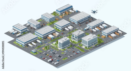 Modern Logistics Hub with Drone Delivery and Warehouses Isometric View