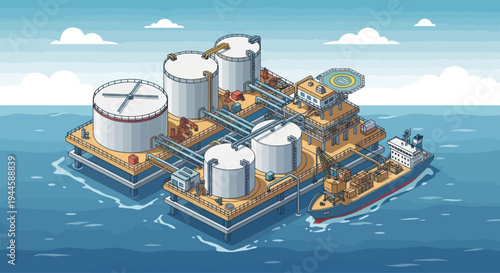Offshore oil platform with storage tanks and ship, industrial illustration