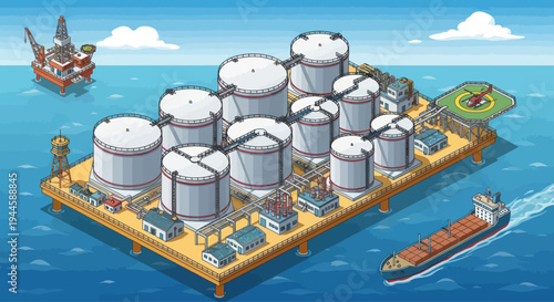 Offshore Oil Platform with Storage Tanks, Helicopter Pad, and Cargo Ship