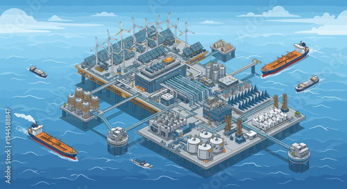 Offshore energy island with wind turbines, solar panels, and industrial facilities.