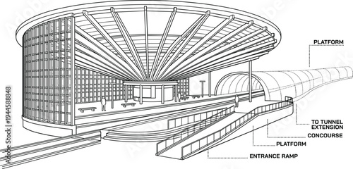 Modernist train station architectural vector study featuring a circular cantilevered canopy glass facade and curvilinear tunnel entrance in black line art.