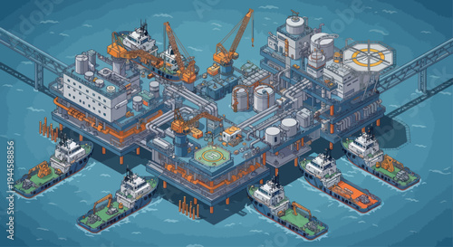 Offshore Oil Rig Platform with Supply Boats in Ocean