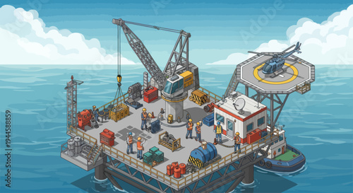 Pixel Art Offshore Oil Rig with Workers, Helicopter, and Crane in the Sea