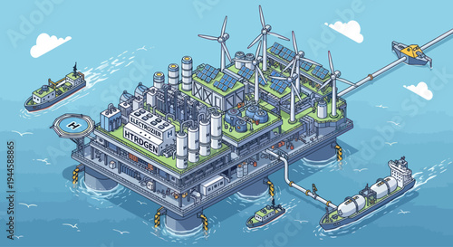 Offshore Renewable Energy Platform: Wind Turbines, Solar Panels, Hydrogen Production