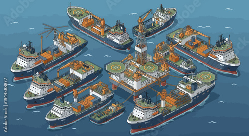 Offshore Oil Rig and Support Vessels Fleet, Isometric Illustration