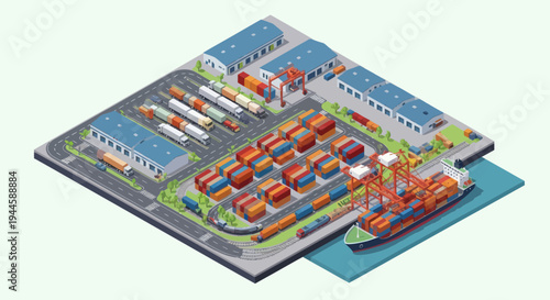 Isometric Container Port with Ship, Cranes, Trucks, and Warehouses