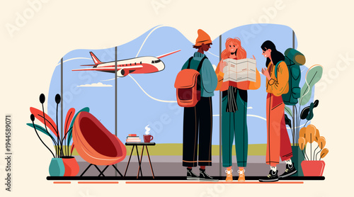 Travelers airport terminal airplane window backpacks map lounge plants modern flat design colorful background website banner